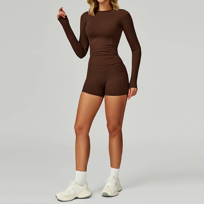 Long sleeve Sports top + High-waisted shorts 2-Piece Set