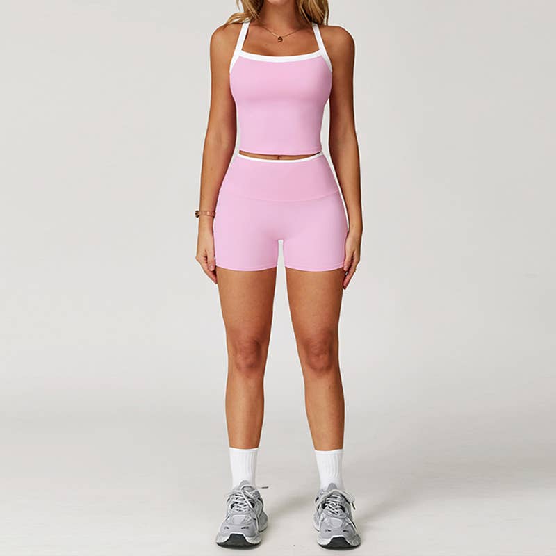 Contrasting Color tank top + High Waist Shorts 2-piece Set