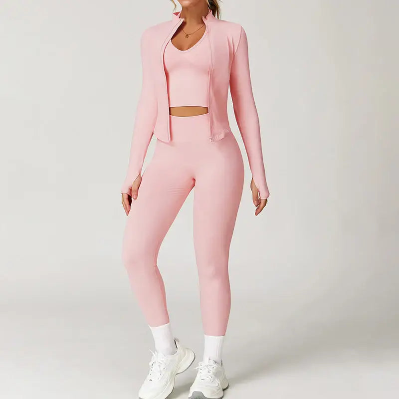 Seamless Yoga Bra + Legging + Long Sleeve Full Zipper Jacket