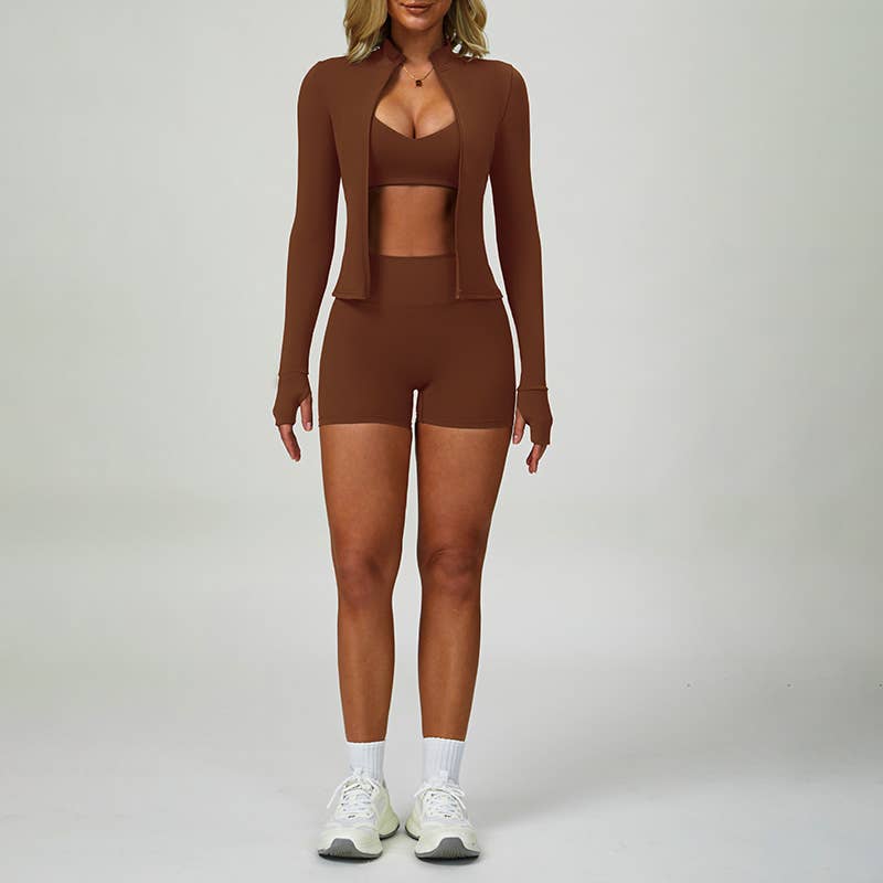 Racerback sports Bra + jacket +High-Waist shorts 3-Piece Set